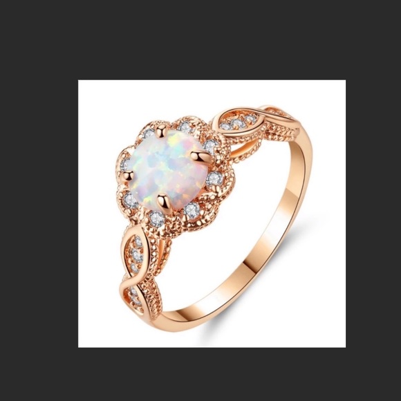 Rose Gold Round Opal Halo Twist Ring - Picture 4 of 5